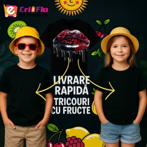 Tricou Buze negre cu trandafiri rosii luciosi, Lip gloss, Copii | Dama, culoare negru - Img 7