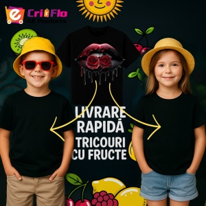 Tricou Buze negre cu trandafiri rosii luciosi, Lip gloss, Copii | Dama, culoare negru - Img 12
