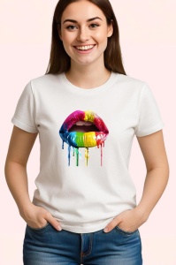 Tricou Buze pop art in degradee curcubeu fundal alb Copii | Dama | Barbat - Img 3