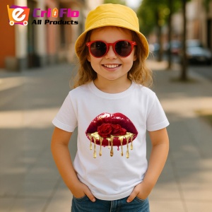 Tricou Buze rosii cu trandafiri si scurgere aurie, Lip gloss, Copii | Dama - Img 5