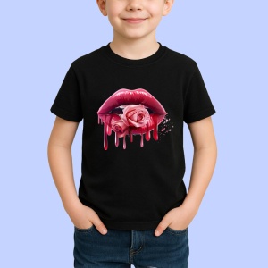 Tricou Buze rosu cu trandafir roz si lumina delicata, Lip gloss, Copii | Dama, culoare negru
