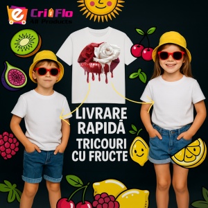 Tricou Buze rosu cu trandafir roz si lumina delicata, Lip gloss, Copii | Dama - Img 12