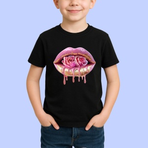 Tricou Buze roz lucios cu trandafiri pastel, Lip gloss, Copii | Dama, culoare negru - Img 2