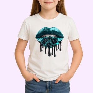 Tricou Buze turcoaz cu trandafiri roz pal, Lip gloss, Copii | Dama - Img 2