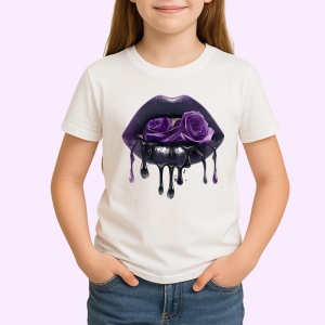 Tricou Buze turcoaz cu trandafiri roz pal, Lip gloss, Copii | Dama - Img 3