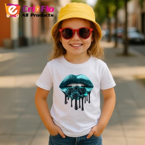 Tricou Buze turcoaz cu trandafiri roz pal, Lip gloss, Copii | Dama - Img 10