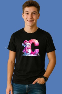 Tricou C Litera Craciun Roz Cu Om De Zapada Fulgi De Zapada, din bumbac 100% Copii | Dama | Barbat