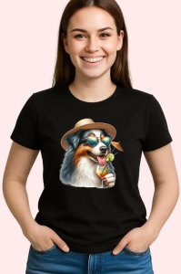 Tricou Caine australian shepherd palarie ochelari cocktail galben, Copii | Dama | Barbat , tricou negru - Img 3