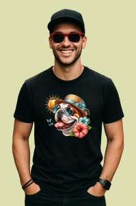 Tricou Caine bulldog englez palarie flori cocktail soare, Copii | Dama | Barbat , tricou negru - Img 4