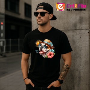 Tricou Caine bulldog englez palarie flori cocktail soare, Copii | Dama | Barbat , tricou negru - Img 11