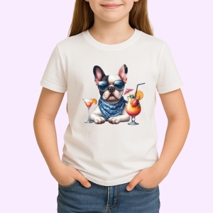 Tricou caine bulldog francez ochelari esarfa cocktail vara, Copii | Dama | Barbat - Img 3
