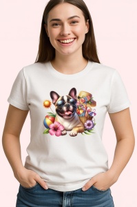 Tricou caine bulldog francez ochelari plaja flori cocktail, Copii | Dama | Barbat