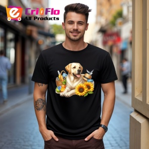 Tricou Caine labrador cos picnic floarea soarelui vara, Copii | Dama | Barbat , tricou negru