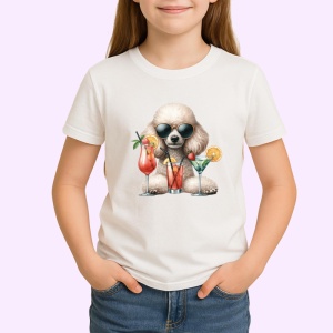 Tricou caine pudel alb ochelari cocktail rosu lamaie, Copii | Dama | Barbat - Img 3