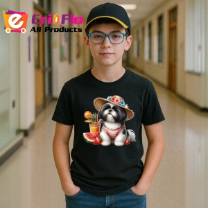 Tricou Caine shih tzu palarie floare cocktail pepene vara, Copii | Dama | Barbat , tricou negru - Img 5