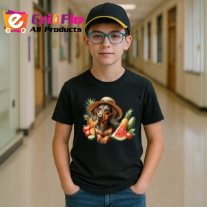 Tricou Caine teckel palarie pepene rosie porumb vara, Copii | Dama | Barbat , tricou negru