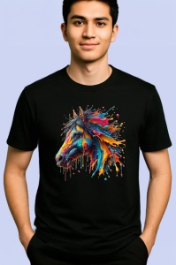 Tricou Cal in miscare cu efecte de vopsea curcubeu Copii | Dama | Barbat, culoare negru - Img 2