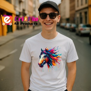 Tricou Cal realist cu pete curcubeu fundal alb Copii | Dama | Barbat - Img 6