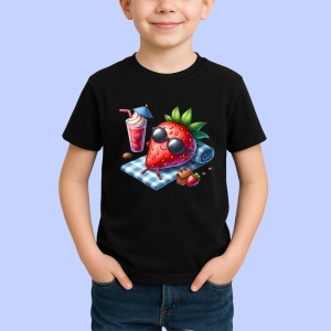 Tricou Capsuna amuzanta de vara la plaja, Fructe, Copii | Dama, culoare negru