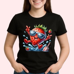 Tricou Capsuna amuzanta de vara saritor in apa, Fructe, Copii | Dama, culoare negru - Img 2