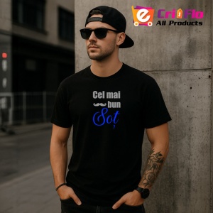 Tricou Cel Mai Bun Sot V1 Mustata Si Scris Albastru, din bumbac 100%, tricou negru Barbat - Img 3