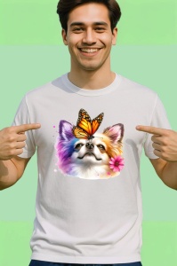 Tricou Chihuahua alb cu fluture portocaliu pe cap design de poveste Copii | Dama | Barbat Barbat - Img 2