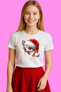 Tricou Chihuahua Craciun Pufos, din bumbac 100%, tricou alb, Copii | Dama | Barbat