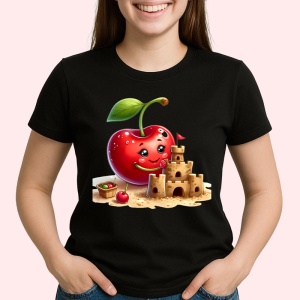 Tricou Cireasa de vara amuzanta castel de nisip, Fructe, Copii | Dama, culoare negru - Img 2