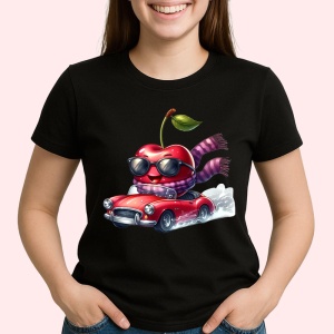 Tricou Cireasa de vara amuzanta in masina, Fructe, Copii | Dama, culoare negru - Img 2