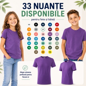 Tricou Copii Clasic Basic Kids, Băiat/Fată, Bumbac 100% Confortabil, 160 g/m², Mărimi 4–12 ani