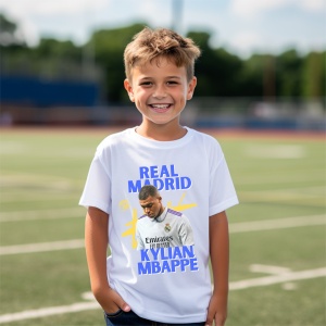 Tricou copii din bumbac 100%, personalizat cu fotbalistul Kylian Mbappe - Real Madrid - Cadou - Img 2