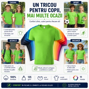 Tricou copii simplu tip tommy – 100% bumbac, unisex, confortabil pentru fete și băieți - Img 8