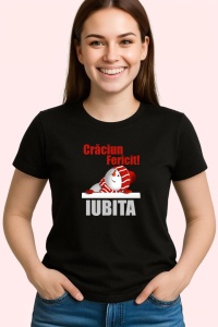 Tricou Craciun Fericit Iubita Model Simplu, din bumbac 100%, tricou negru, Dama | Barbat