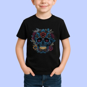 Tricou Craniu albastru cu flori violet si detalii aurii Copii | Dama | Barbat, culoare negru - Img 4