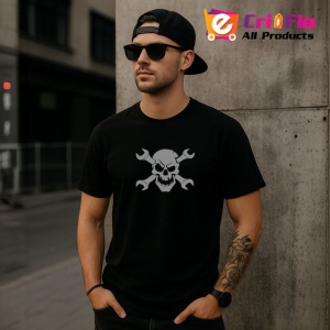 Tricou Craniu Cu Chei Mecanice Incrucisate V2, din bumbac 100%, tricou negru Copii | Dama | Barbat - Img 6