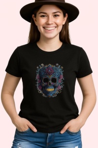 Tricou Craniu cu flori tropicale si bandana fundal alb Copii | Dama | Barbat, culoare negru - Img 3