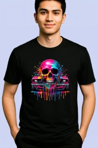 Tricou Craniu cu masina muscle car si stropi colorati Copii | Dama | Barbat, culoare negru - Img 2
