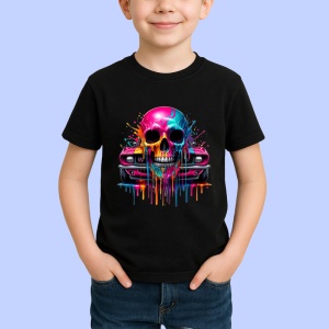 Tricou Craniu cu masina muscle car si stropi colorati Copii | Dama | Barbat, culoare negru - Img 3