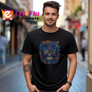 Tricou Craniu cu trandafiri visinii si fundal alb Copii | Dama | Barbat, culoare negru - Img 6