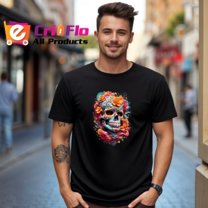 Tricou Craniu dia de los muertos colorat cu flori Copii | Dama | Barbat, culoare negru - Img 6