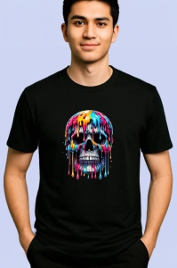 Tricou Craniu multicolor cu vopsea curgatoare fundal alb Copii | Dama | Barbat, culoare negru - Img 2