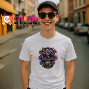Tricou Craniu negru cu aur si trandafiri violet fundal alb Copii | Dama | Barbat - Img 6