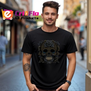 Tricou Craniu negru elegant cu flori aurii fundal alb Copii | Dama | Barbat, culoare negru - Img 6
