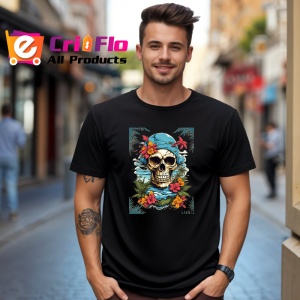 Tricou Craniu pirat cu flori si fundal oceanic Copii | Dama | Barbat, culoare negru - Img 6
