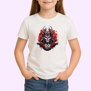 Tricou Craniu Samurai Masca Japoneza Gri Rosu, din bumbac 100% , tricou alb pentru Copii | Dama | Barbat