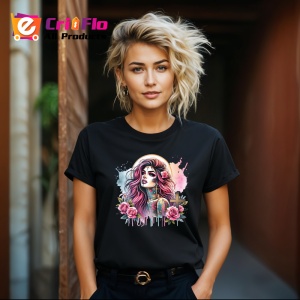 Tricou Cross flower girl pink hair tattoo, fata cu cruce trandafiri si par roz, Copii | Dama | Barbat , tricou negru - Img 8