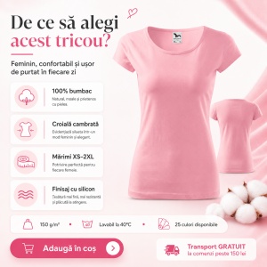 Tricou Damă 100% Bumbac Cambrat – Decolteu Rotund, Mâneci Scurte, 25 Culori | XS-2XL - Img 5