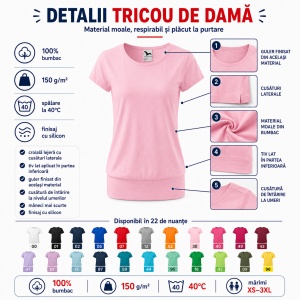 Tricou Damă 100% Bumbac cu Bandă Jos – Croială Lejeră, 22 Culori, XS-3XL - Img 3