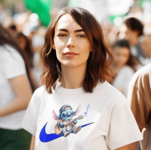 Femeie cu părul șaten și ondulat, purtând un tricou alb cu un design ce ilustrează un personaj animat albastru(Stitch) cântând la chitară, având șapcă, așezat pe logo-ul albastru al unui brand sportiv. Femeia are o expresie calmă și se află într-un cadru 