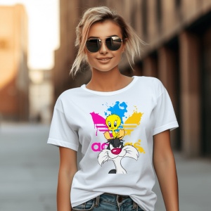 Femeie zâmbitoare purtând ochelari de soare și un tricou alb cu un design colorat cu Tweety și Sylvester, pozând pe o stradă urbană cu clădiri moderne în fundal.